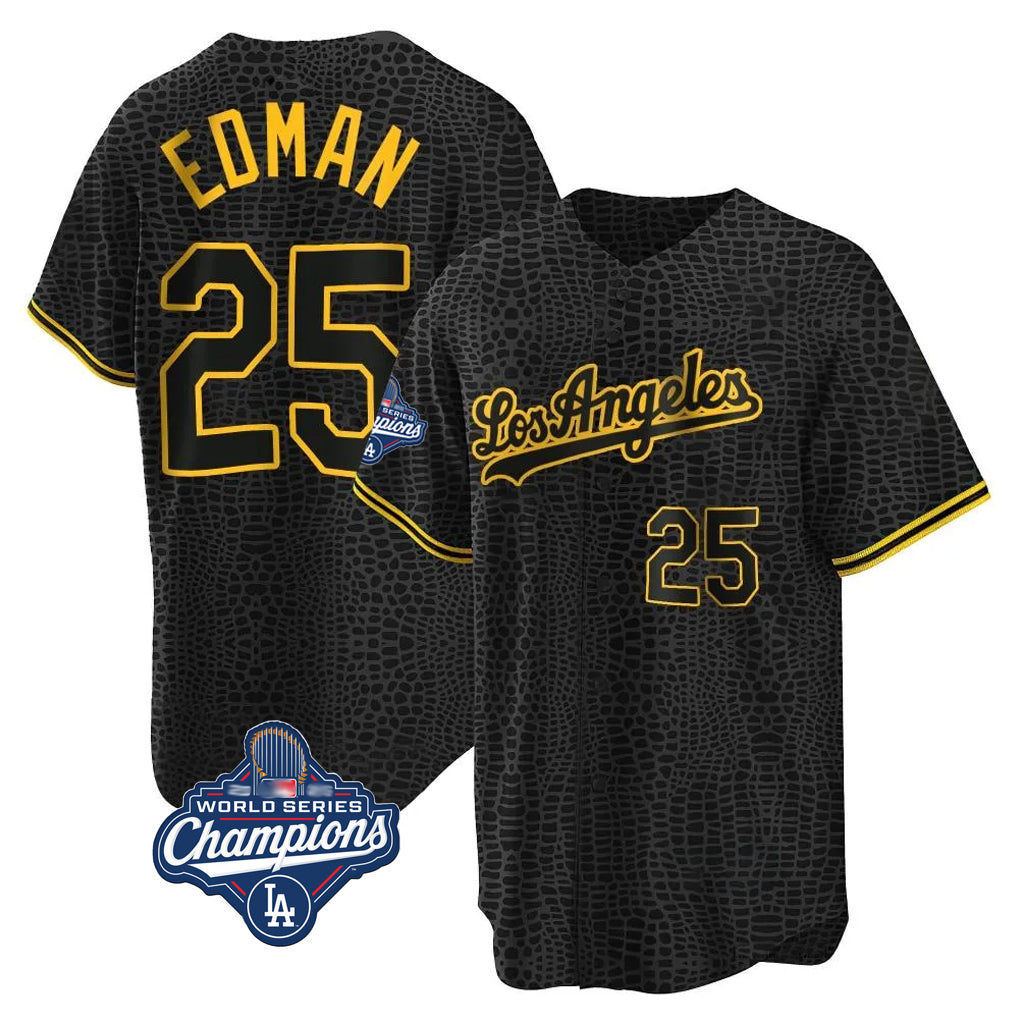 Lashops LA.Dodgers #25 Tommy Edman Player Black World Series Meet Snake Skin City Game Home Stitched Jerseys