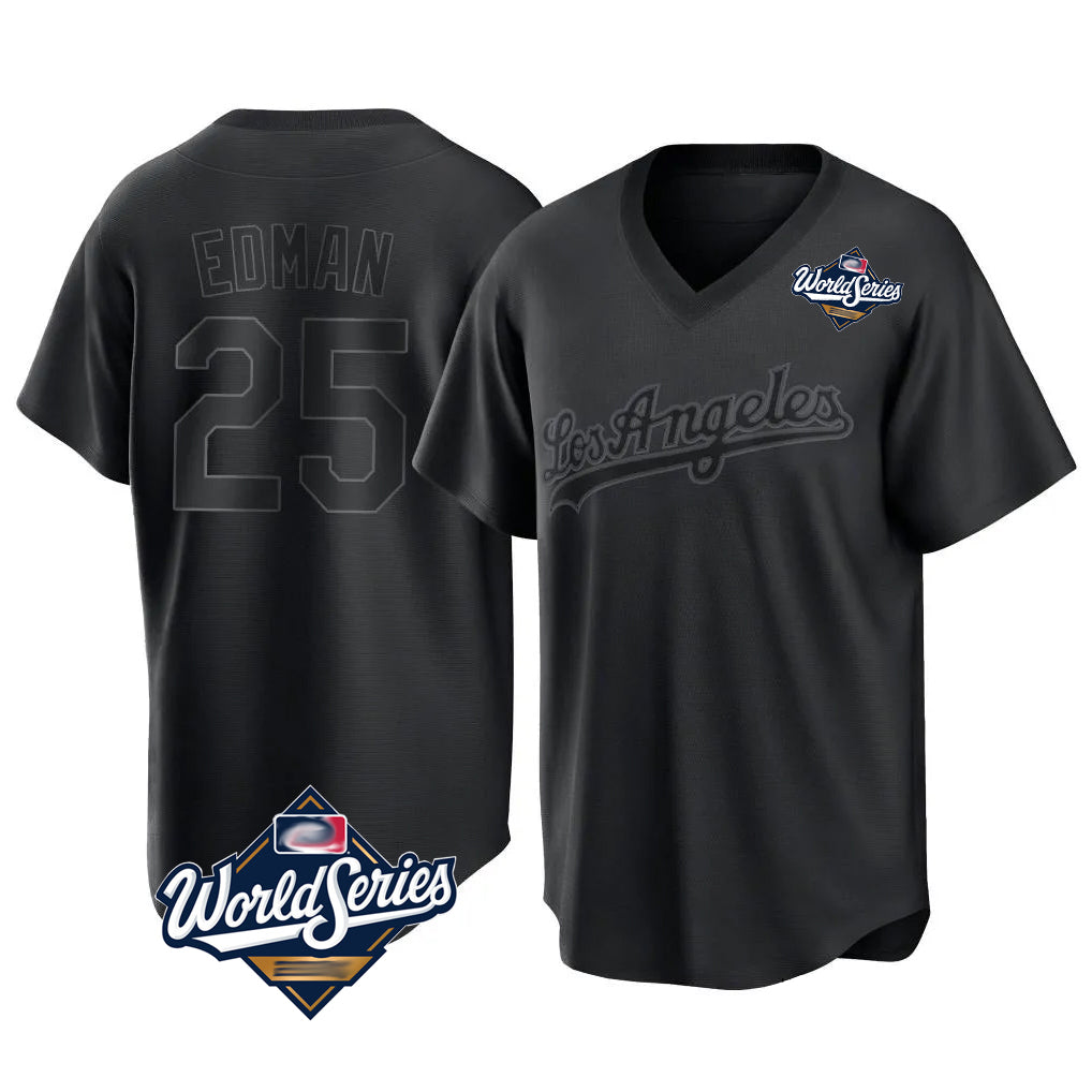 Lashops LA.Dodgers #25 Tommy Edman Player Black World Series Pitch Fashion T-shirt Stitched Jerseys