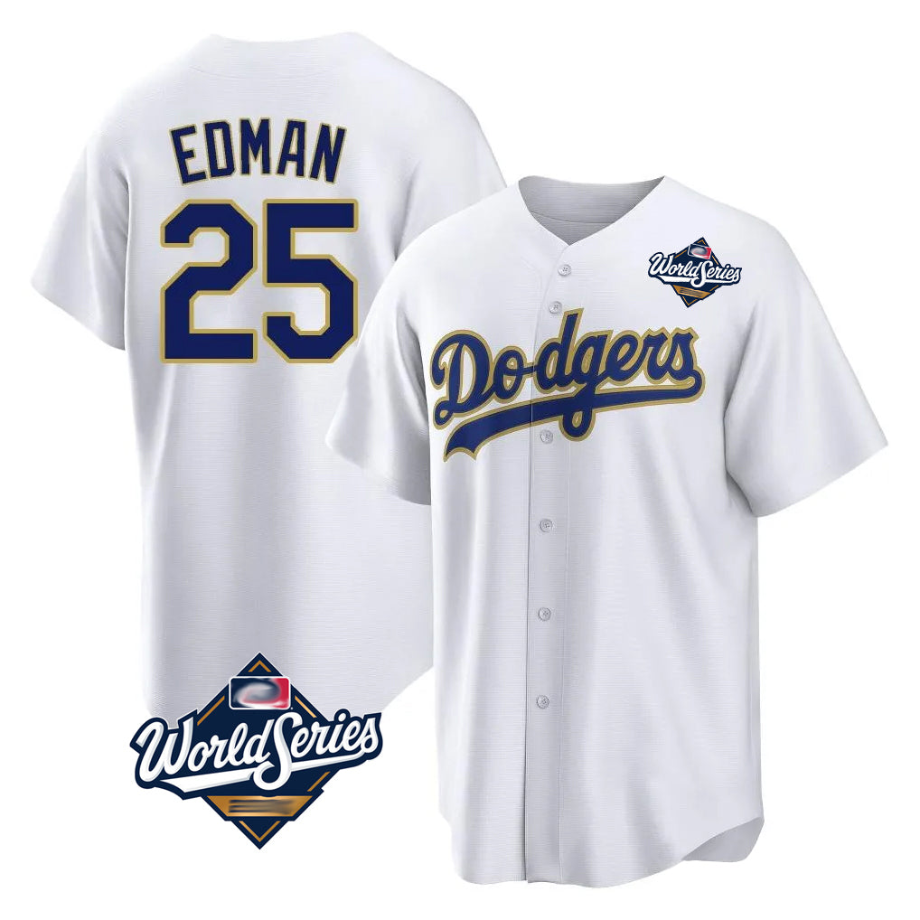 Lashops LA.Dodgers #25 Tommy Edman Player Gold White World Series 2026 Collection Stadium Game Stitched Jerseys