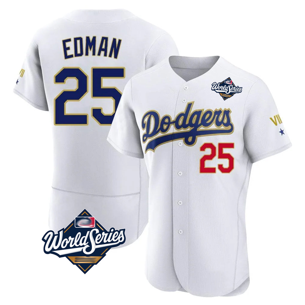 Lashops LA.Dodgers #25 Tommy Edman Player Gold White World Series 2026 Collection Stadium Limited Elite Stitched Jerseys