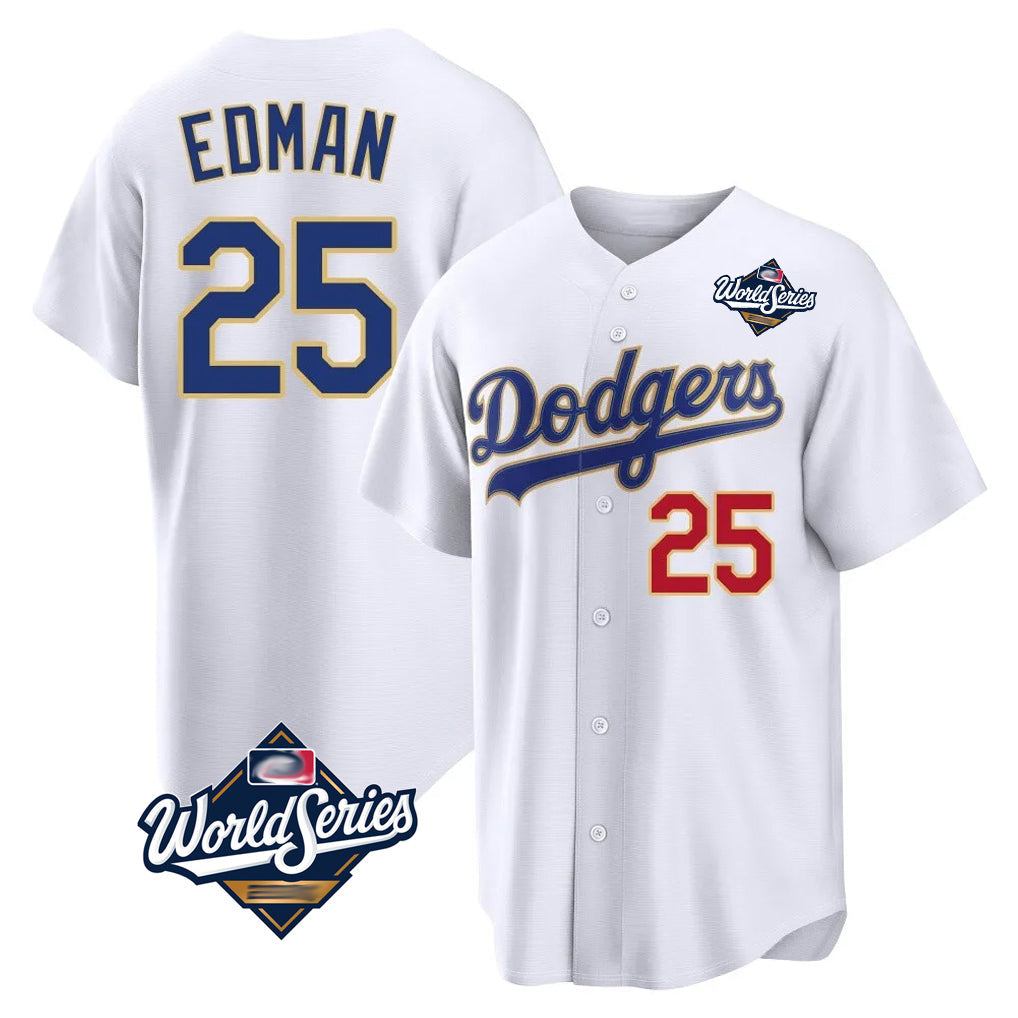 Lashops LA.Dodgers #25 Tommy Edman Player Gold White World Series 2026 Collection Stadium Limited Stitched Jerseys