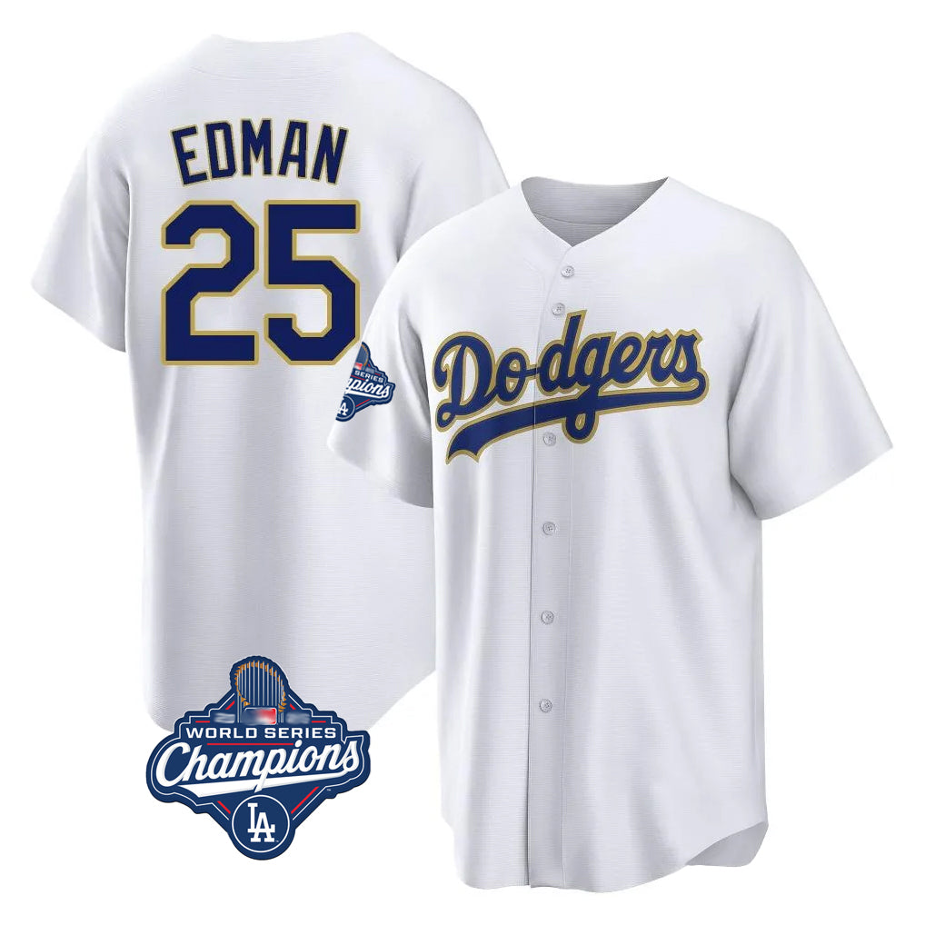 Lashops LA.Dodgers #25 Tommy Edman Player Gold White World Series Meet 2026 Collection Stadium Limited Elite Stitched Jerseys