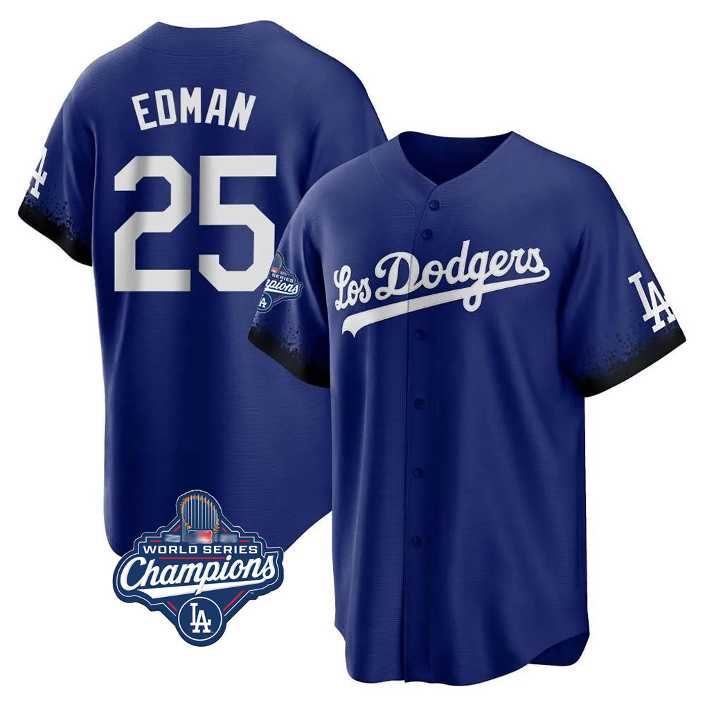 Lashops LA.Dodgers #25 Tommy Edman Player Royal World Series Meet City Connect Home Game Stitched Jerseys