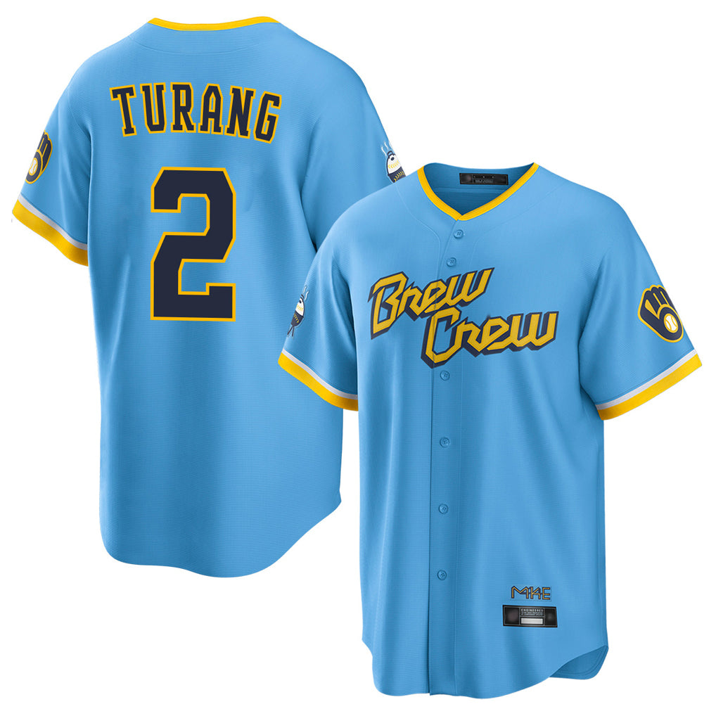 Lashops M.Brewers #2 Brice Turang Player Light Blue City Connect Home Game Stitched Jerseys