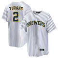 Lashops M.Brewers #2 Brice Turang Player White Stripes Home Game Stitched Jerseys