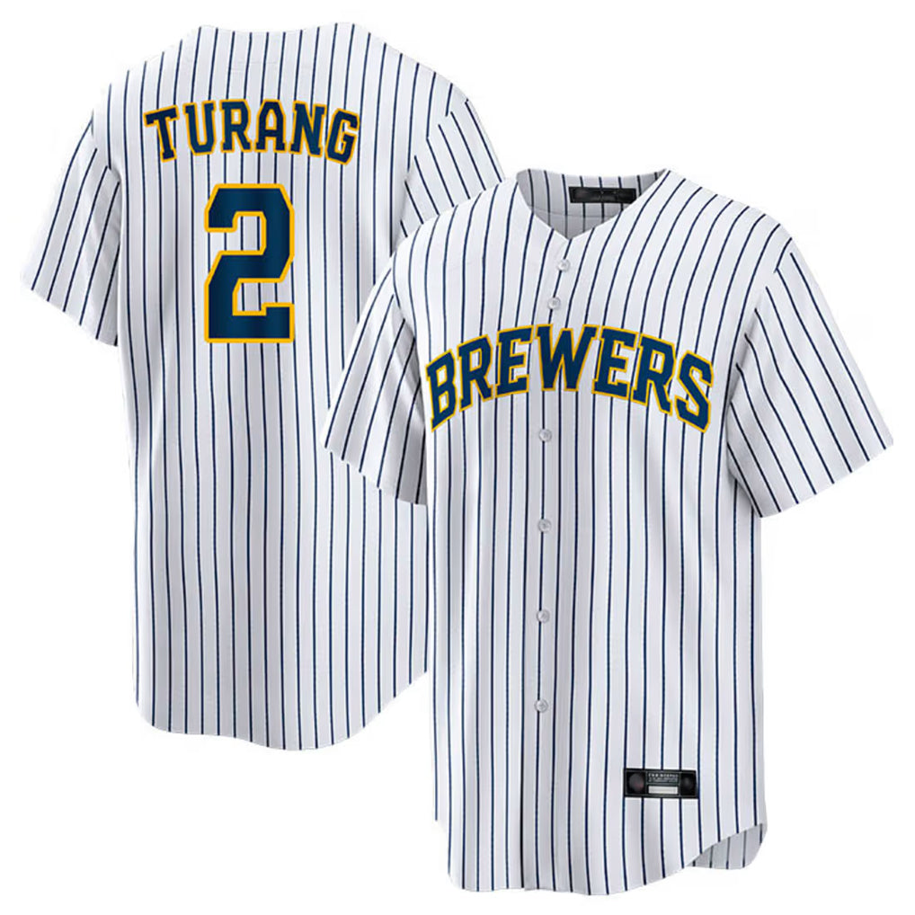 Lashops M.Brewers #2 Brice Turang Player White Stripes Home Game Stitched Jerseys