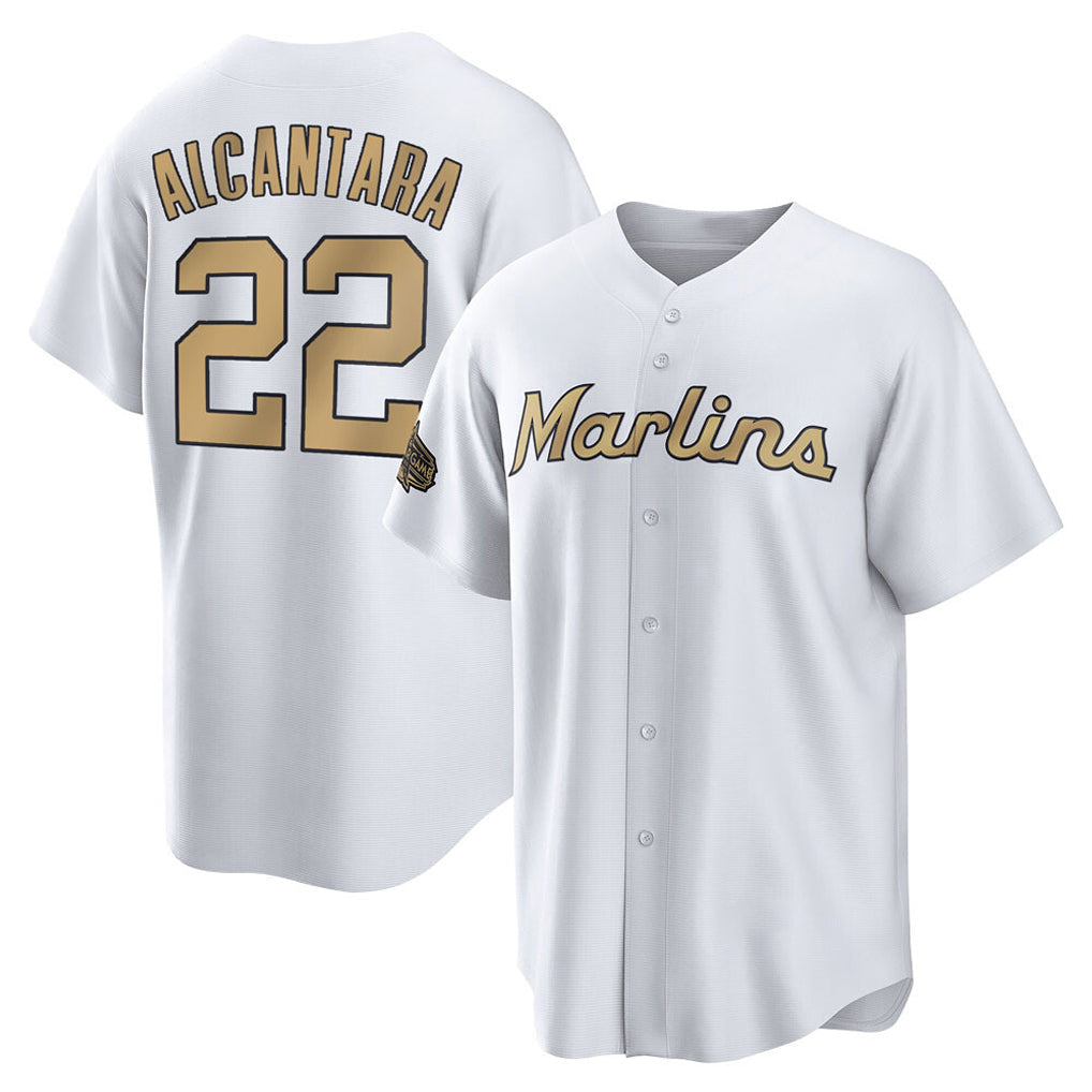 Lashops M.Marlins #22 Sandy Alcantara Player Gold Home Game Stitched Jerseys