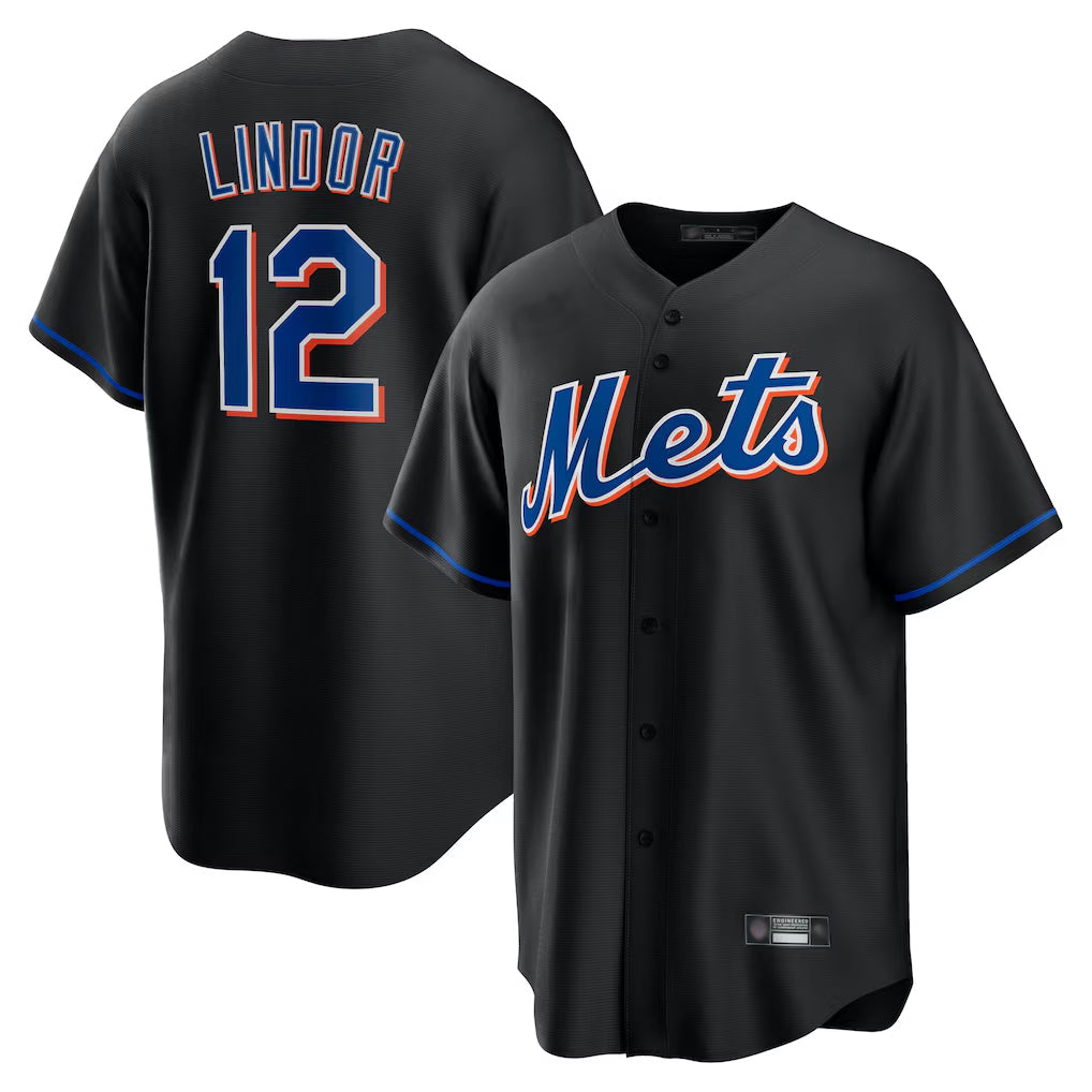 Lashops NY.Mets #12 Francisco Lindor Player Black Replica Home Game Stitched Jerseys