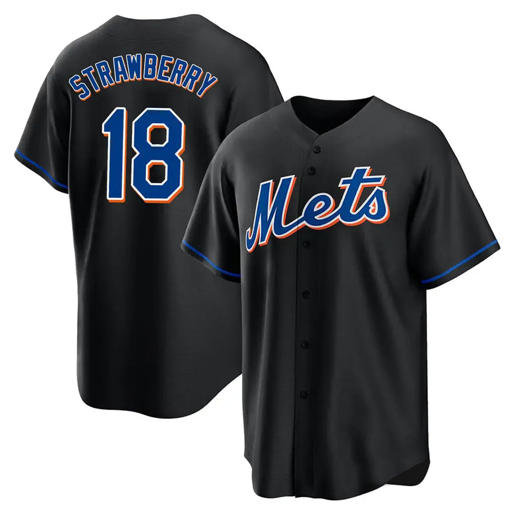 Lashops NY.Mets #18 Darryl Strawberry Player Black Replica Home Game Stitched Jerseys