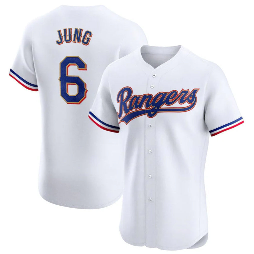 Lashops  T.Rangers #6 Josh Jung Player Gold Collection Elite Limited White Stitched Jerseys
